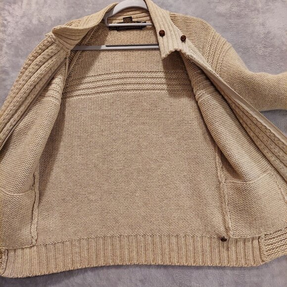 Eddie Bauer Womens M Beige Wool Cardigan Pockets Zip Textured Cuffs Boho Beachy - Picture 14 of 16